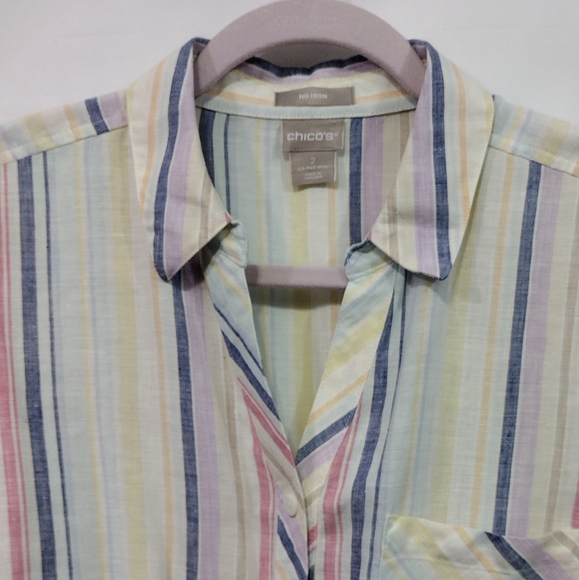Chico's No-Iron Linen Striped Shirt Women's L Multicolor 90s Y2K Casual - Picture 3 of 9
